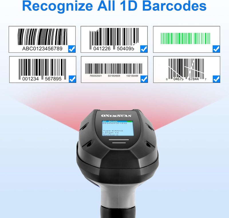 onewscan Barcode Scanner Wireless, 1D Laser Bar Code Scanners with Stand 2.4G Wireless & USB Wired Connection Plug and Play 2 in 1 Handheld Barcode Reader with Screen - Image 3